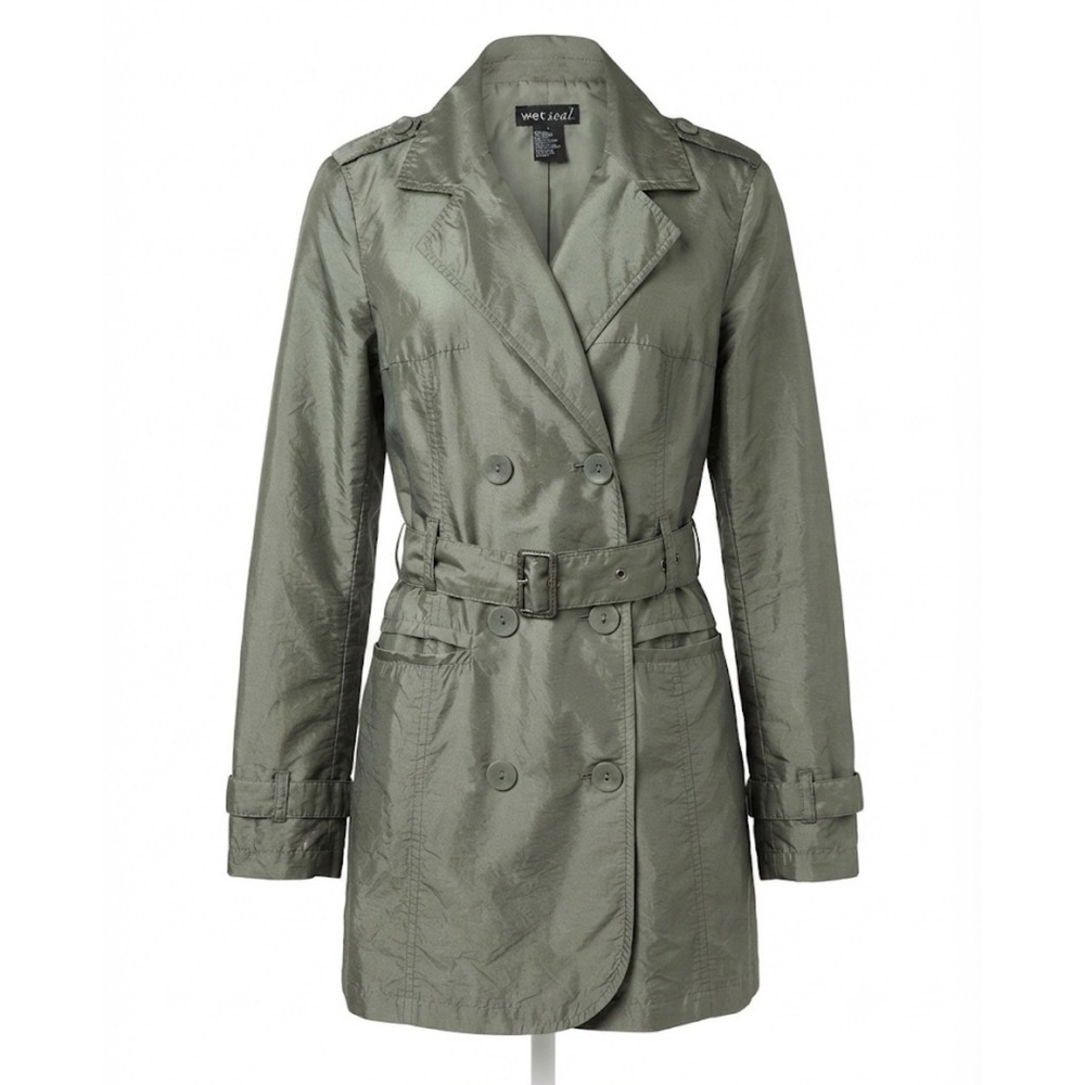 Vintage Wet Seal Metallic Trench Coat S Y2K Cyber Indie Sleaze Grey Jacket